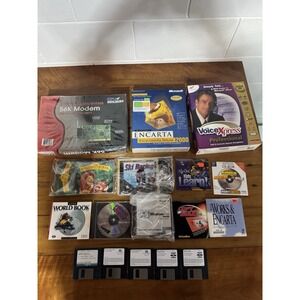 Vintage 90s Software Lot CD-ROM Floppy Disks Encarta Windows Modem UNTESTED